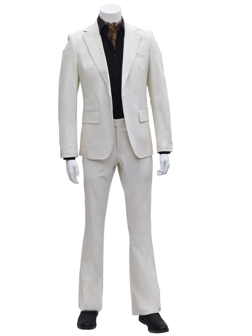 Men's slim-fit, bone-colored leather suit. Features a 1-button blazer with notched lapels and front pockets. Includes straight-leg trousers. Tailored design.