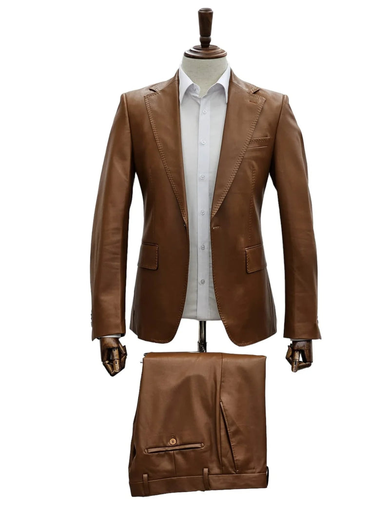 Men's caramel-colored slim fit leather suit. Single-button blazer with notch lapel and front pockets. Matching trousers with a pressed crease. Tailored design.