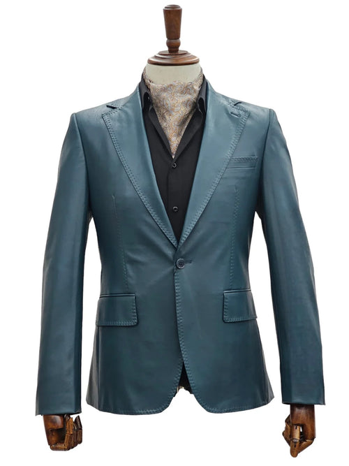 Men's slim fit leather suit in blue. Smooth leather, 1-button closure, notched lapels, two front pockets. Tailored shape with structured shoulders and tapered long sleeves.