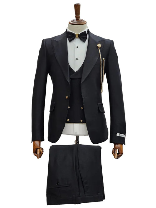 Mens Giovanni Testi Black Slim Fit 3 Piece Suit – One Button Peak Lapel, Double Breasted Vest, Modern Center Vent