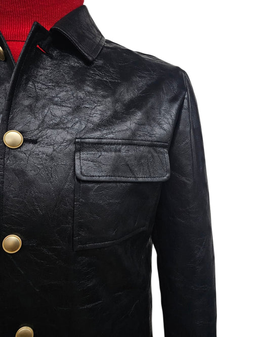 Alberto Nardoni men's black slim fit leather suit. Fitted silhouette, structured shoulders, smooth leather, and gold-button closures. Features a chest pocket with a clean flap design for a sleek look.