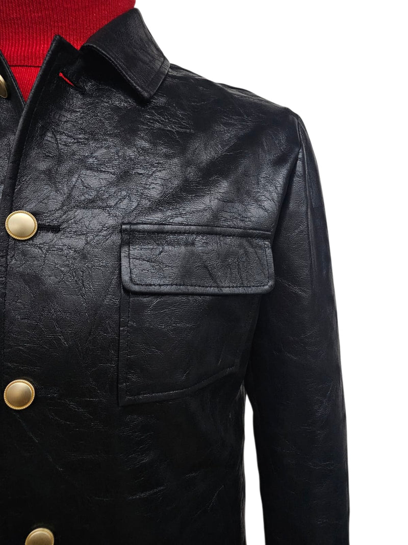 Alberto Nardoni men's black slim fit leather suit. Fitted silhouette, structured shoulders, smooth leather, and gold-button closures. Features a chest pocket with a clean flap design for a sleek look.