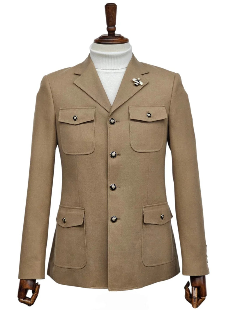 Mens Giovanni Testi Beige 2-Piece Suit – Slim Fit 4-Button Blazer with Patch Pockets