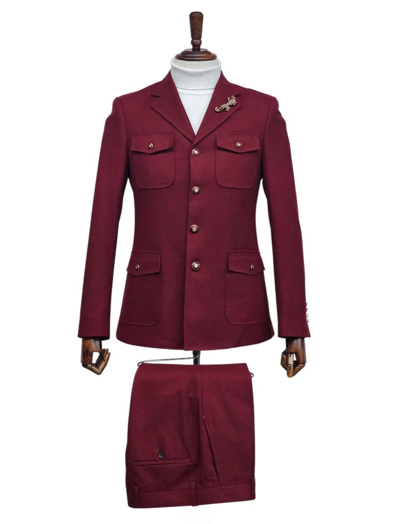 Mens Giovanni Testi 2 Piece Burgundy Suit – Slim Fit 4 Button Blazer with Notch Lapel & Flap Pockets