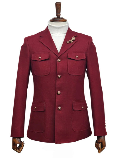 Mens Giovanni Testi 2 Piece Burgundy Suit – Slim Fit 4 Button Blazer with Notch Lapel & Flap Pockets