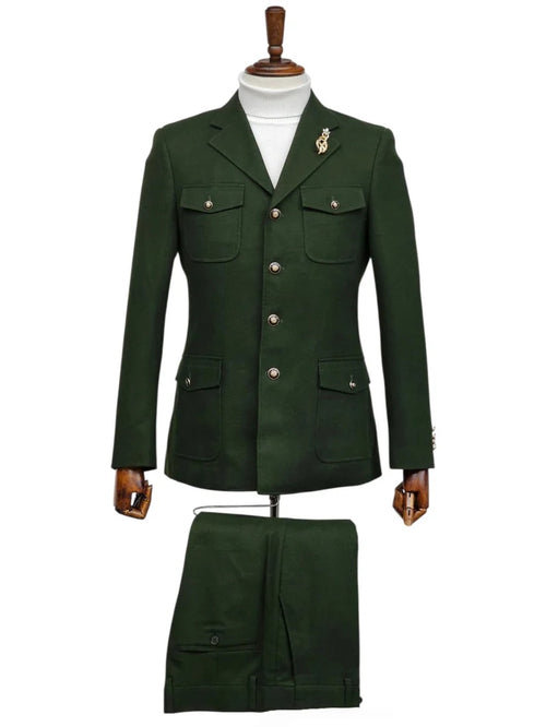 Mens Giovanni Testi Slim Fit Green Suit – 2 Piece 4 Button Formal Suit with Notch Lapel
