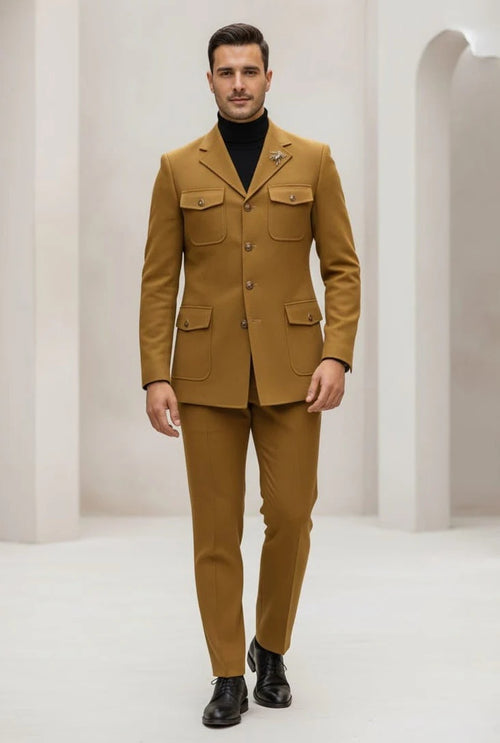 Mens Giovanni Testi Slim Fit 2 Piece Suit Mustard – 4 Button Notch Lapel & Flap Pockets