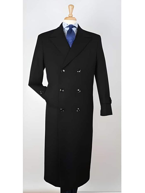 Mens Black Overcoat - Center Vent 100% Wool Gabardine Double Breasted Black Top Overcoat