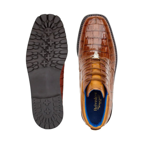 Belvedere Gallardo men's boots: Derby style with split toe, crafted from brown caiman crocodile leather. Rubber sole with textured grip. Blue lined interior.