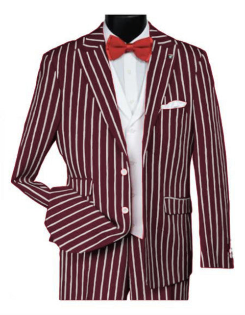 1920s Mens Vested Bold Gangster Pinstripe Suit in Burgundy