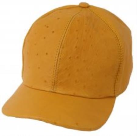 Mustard yellow baseball cap crafted from genuine ostrich leather. Structured six-panel design with perforations and stitching details.