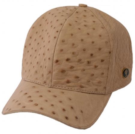 Tan ostrich leather cap with rounded crown, curved brim, and circular textures. Stitched seam at base, small logo tag on side.