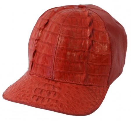 Genuine alligator baseball cap. Structured crown, smooth red finish. Textured visor adds contrast. Stitched seams maintain shape. Luxurious and unique.