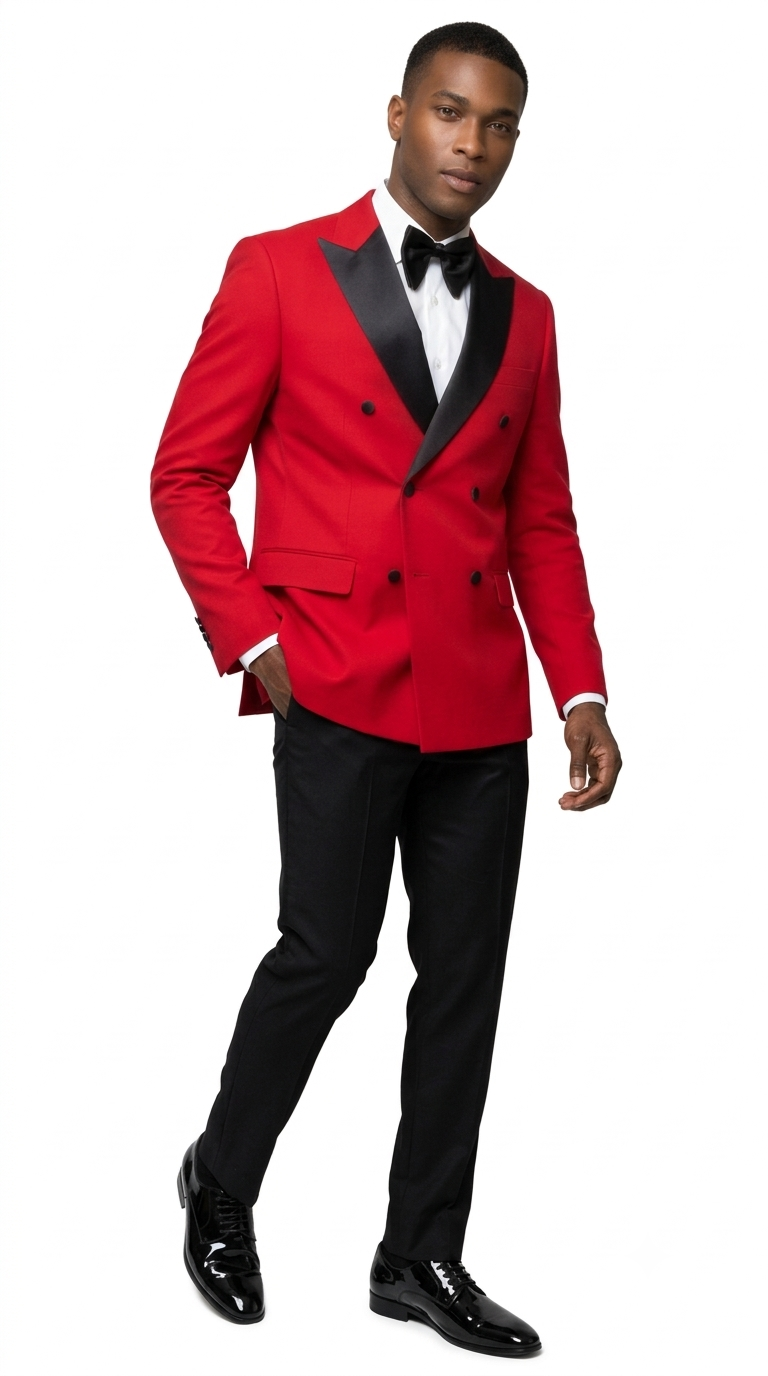 Red Textured Modern Fit Double Breasted Tuxedo