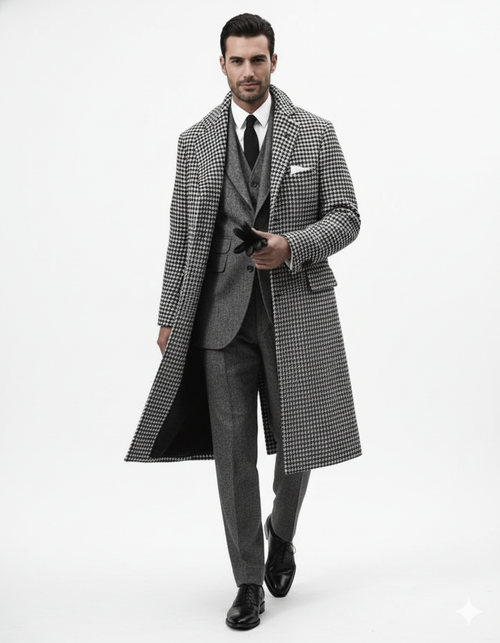 Houndstooth Overcoat - Black And White Checker And Cashmere Fabric Topcoat By Alberto Nardoni