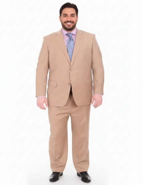 Men's Portly Executive Fit Solid Tan Light Brown Two Button 2 Piece Suit Executive Fit Suit - Mens Portly Suit