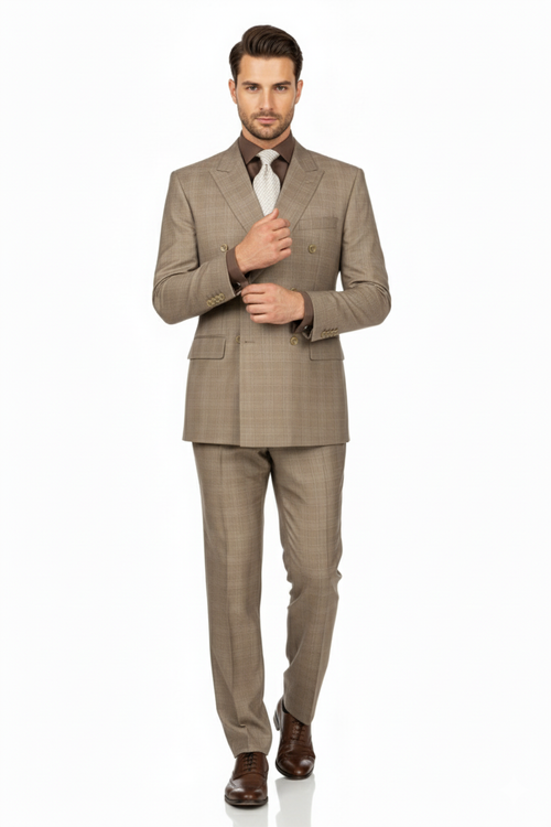 Mens Classic Wool Feel Double Breasted Glen Plaid Suit in Tan
