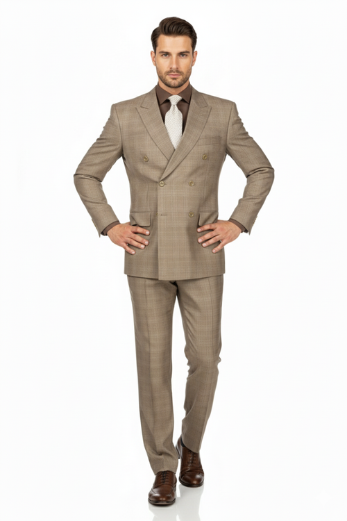 Mens Classic Wool Feel Double Breasted Glen Plaid Suit in Tan