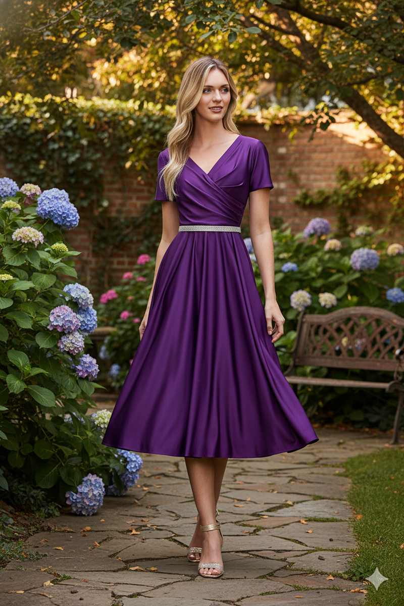 Lenovia 5274 V-Neck Short Sleeve Midi Cocktail Dress with Rhinestone Waist Formal & Wedding Guest Attire