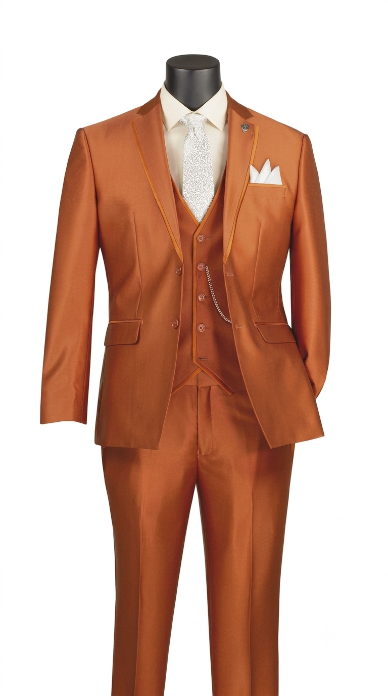 Mens Shiny Orange Rustic Vested Jacket + Pants Modern Fit