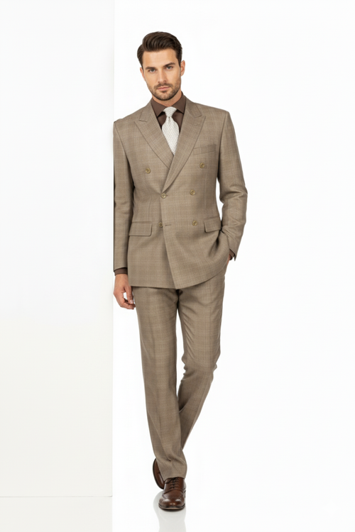 Mens Classic Wool Feel Double Breasted Glen Plaid Suit in Tan