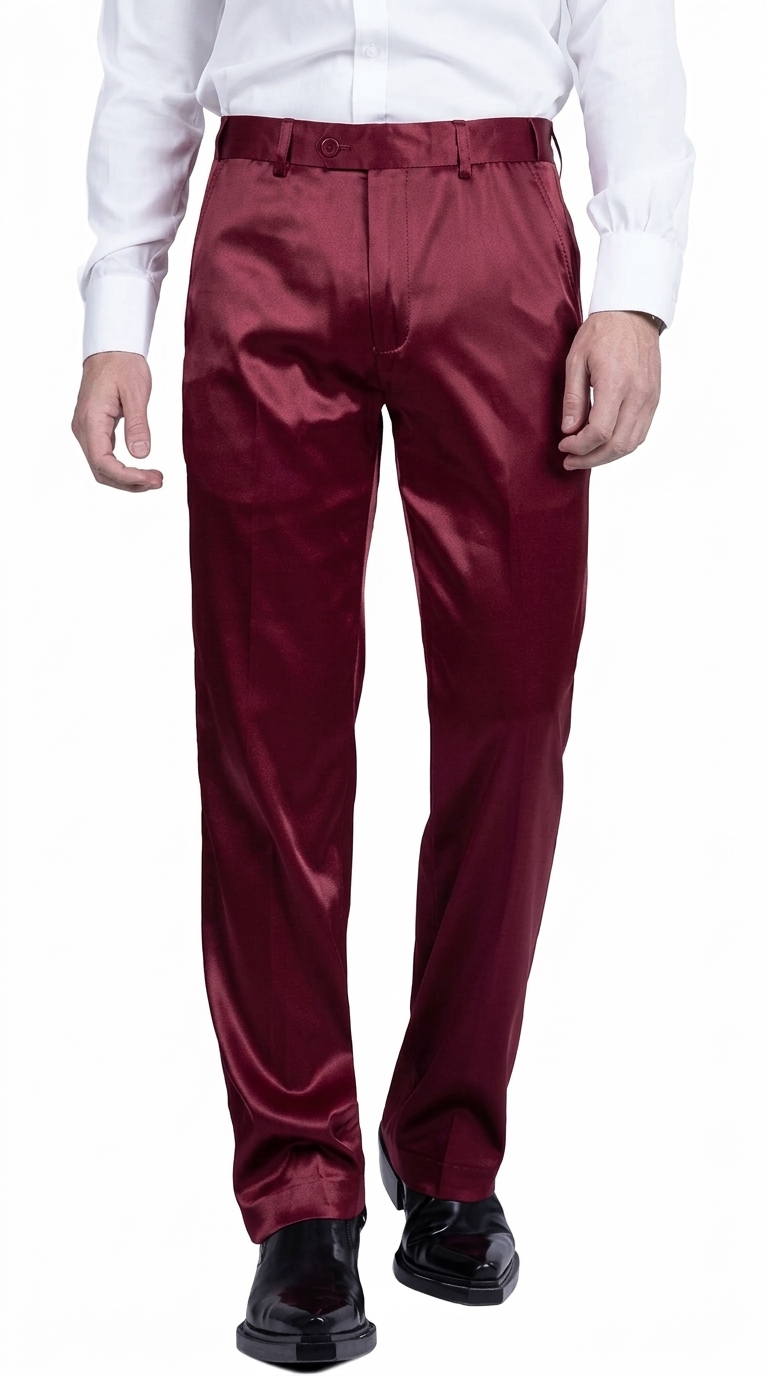 Mens Shiny Stretch Pants Solid Color Slim Fit Sateen Flashy Metallic Slacks in Color "Burgundy"