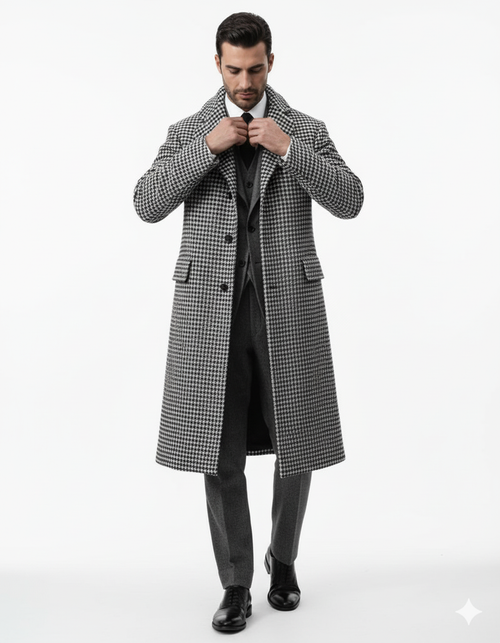 Houndstooth Overcoat - Black And White Checker And Cashmere Fabric Topcoat By Alberto Nardoni
