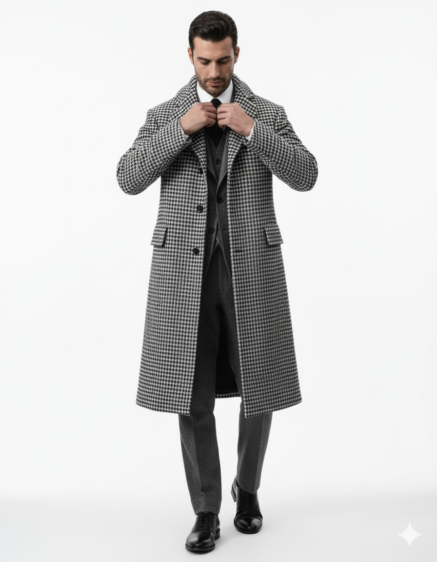 Houndstooth Overcoat - Black And White Checker And Cashmere Fabric Topcoat By Alberto Nardoni