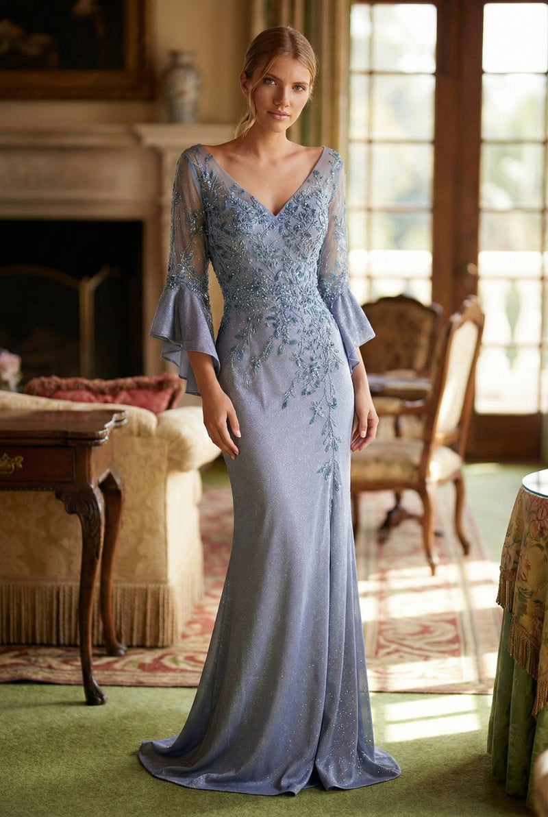 Nox Anabel MD129 Elegant Mother of Bride Dress Appliqué Bell Sleeve Slit Evening Gown