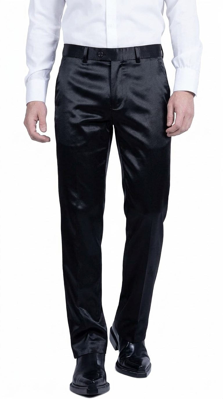 Mens Shiny Stretch Pants Solid Color Slim Fit Sateen Flashy Metallic Slacks in Color "Black"