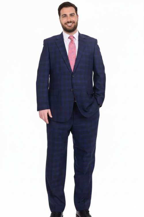 Mix And Match Suits Men's Plaid Pattern Portly Fit Blue Two Button Fully Lined Suit Executive Fit Suit - Mens Portly Suit