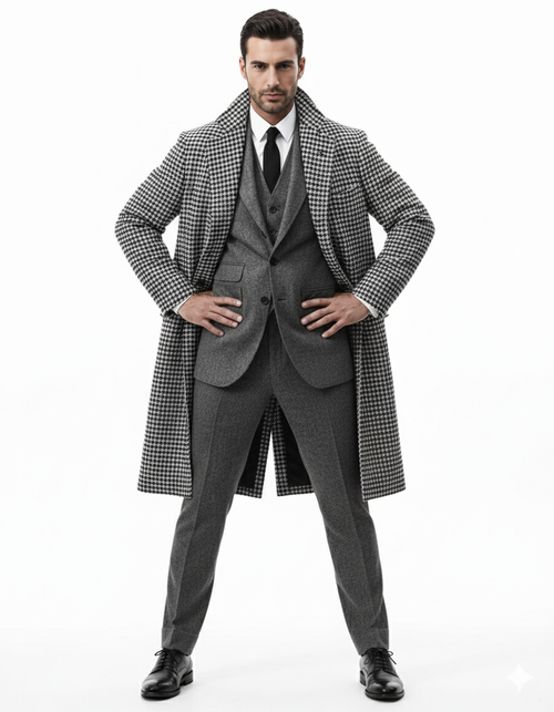Houndstooth Overcoat - Black And White Checker And Cashmere Fabric Topcoat By Alberto Nardoni