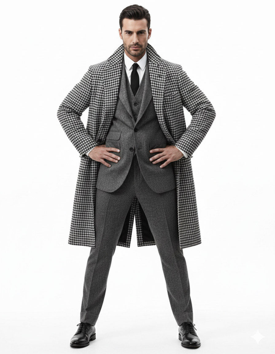 Houndstooth Overcoat - Black And White Checker And Cashmere Fabric Topcoat By Alberto Nardoni