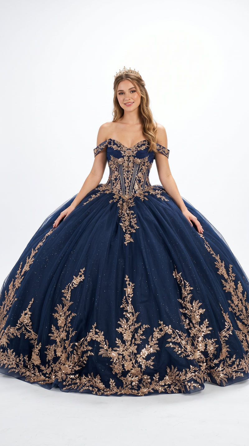 Navy/Gold Off-Shoulder V-Neck Satin Corset Lace Appliqué Ball Gown with Bow by Elizabeth K GL3674