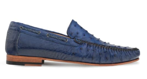 Mezlan Genuine Ostrich Moccasin Slip-On – Jeans Blue Exotic Leather Loafers Made in Spain