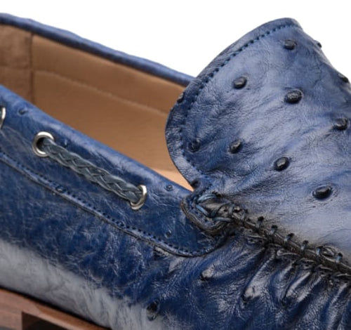 Mezlan Genuine Ostrich Moccasin Slip-On – Jeans Blue Exotic Leather Loafers Made in Spain