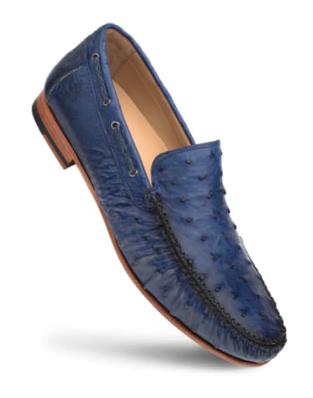 Mezlan Genuine Ostrich Moccasin Slip-On – Jeans Blue Exotic Leather Loafers Made in Spain