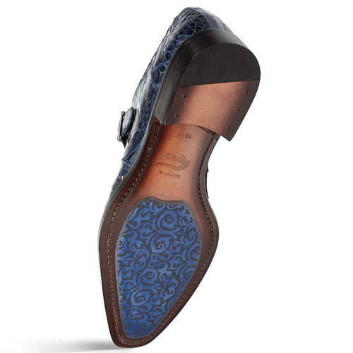 Mezlan's Gigolo blue crocodile monk strap loafers: curved silhouette, single strap, blue crocodile-embossed leather upper. Leather sole with blue patterned layer. Elevated heel.