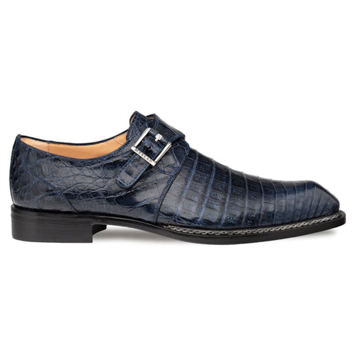 Mezlan's Gigolo blue crocodile single monk strap loafers: sleek, pointed-toe design with a single buckle. Deep blue textured crocodile upper, leather lining, and a contrasting black sole.