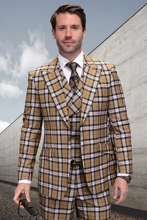 Tan wool suit with black/white windowpane plaid. Single-button jacket, wide peak lapel, and matching vest. Structured design with two front pockets.