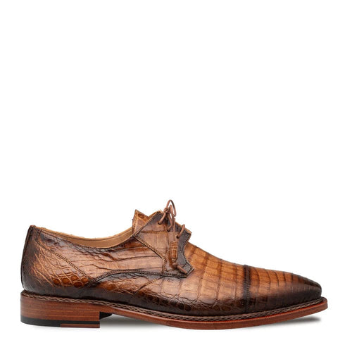 Camel crocodile cap-toe derby shoes by Giovan Camel. Pointed toe, genuine glossy crocodile leather upper with natural scales. Lace-up closure, stacked leather sole, slight heel.