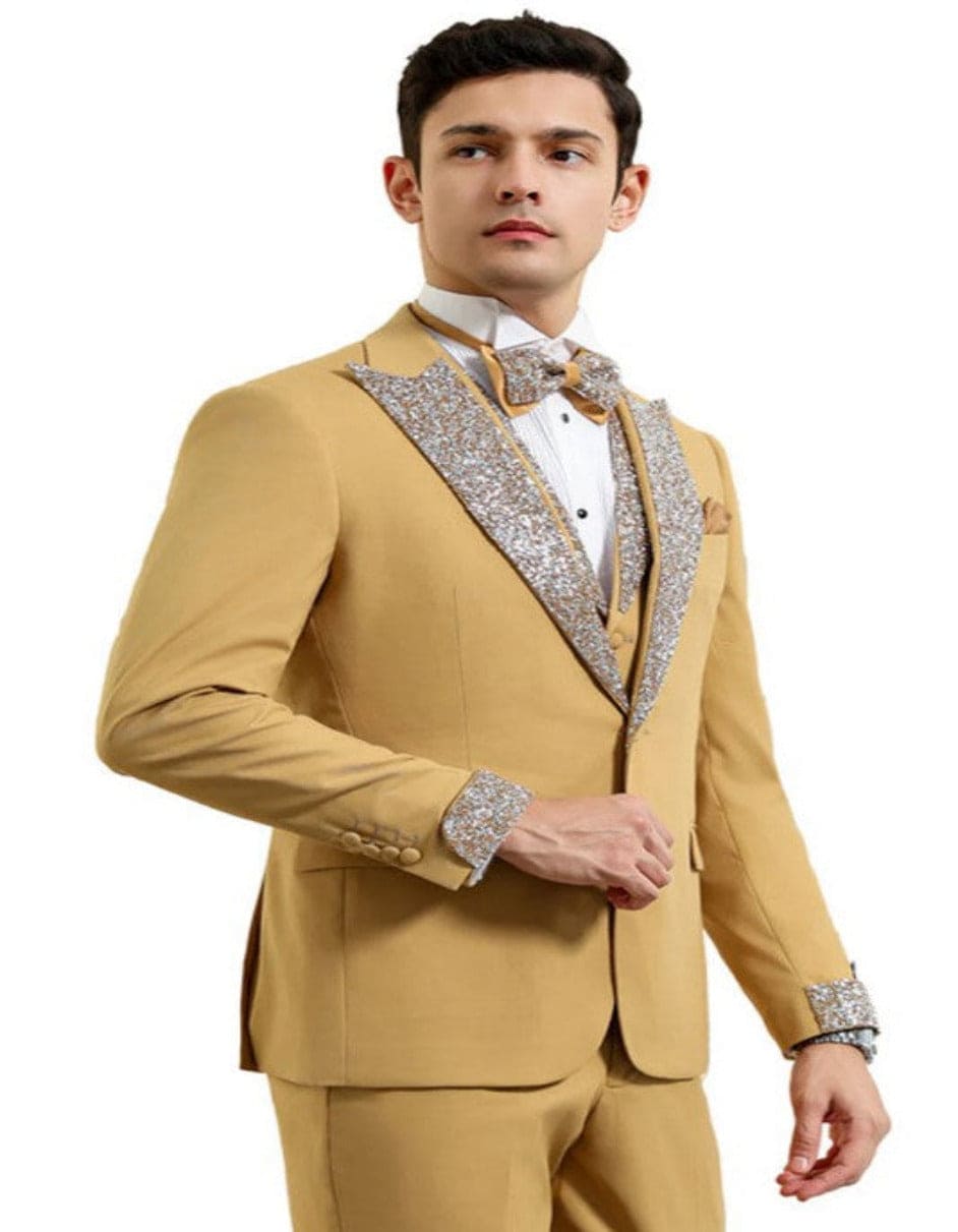 Gold Mustard Prom Tuxedo - Perfect Wedding Suit Vested rhinestone Lapelled