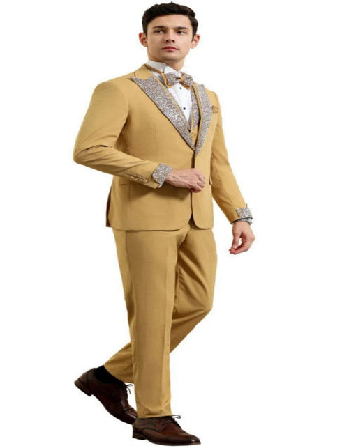 Gold Mustard Prom Tuxedo - Perfect Wedding Suit Vested rhinestone Lapelled