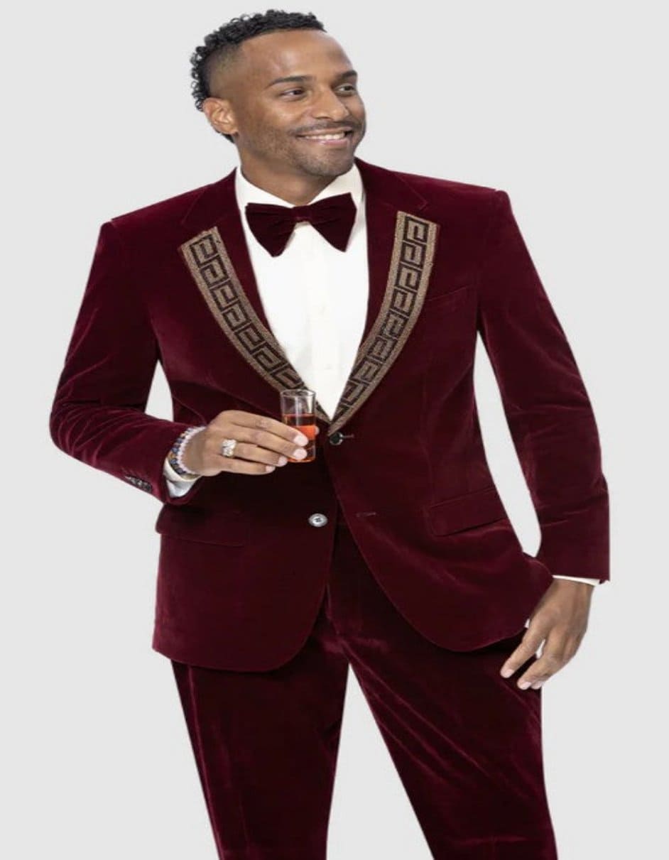 Encore-V Men's Modern Fit 1 button Navy Tuxedo with Black Velvet Lapel $199 main image 0