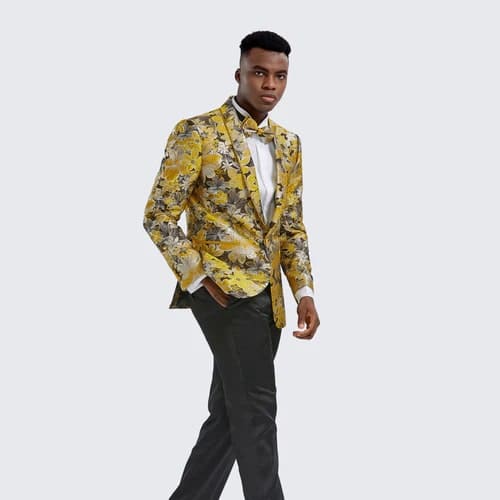Gold Suit For Prom - Gold Blazer + Matching Pants + Gold Floral Tuxedo Jacket Slim Fit - Wedding - Prom | Alberto Nardoni Gold Suit For Prom - Gold Blazer + Matching Pants + Gold Floral Tuxedo Jacket Slim Fit - Wedding - Prom | Alberto Nardoni