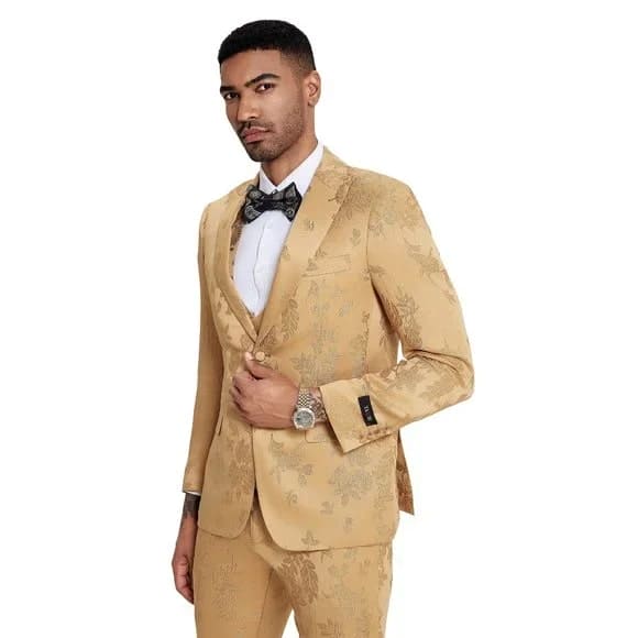 Floral Mens 3PC Suit w/ Double Breasted Vest by Tazzio, Golden
