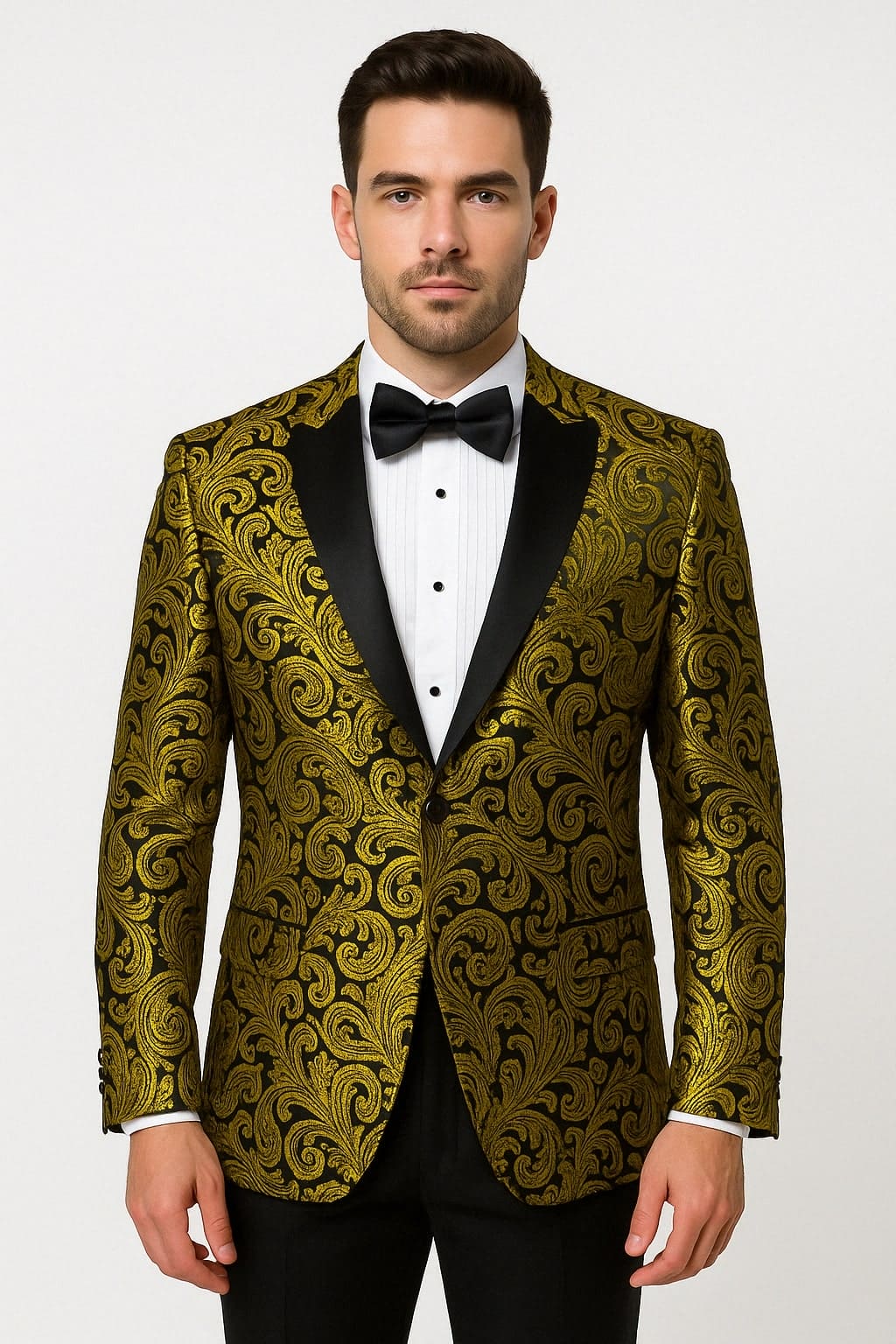 Mens Goldish Yellow and Black Paisley Tuxedo Blazer with Matching Bow Tie with Black Pants | Alberto Nardoni Mens Goldish Yellow and Black Paisley Tuxedo Blazer with Matching Bow Tie with Black Pants | Alberto Nardoni