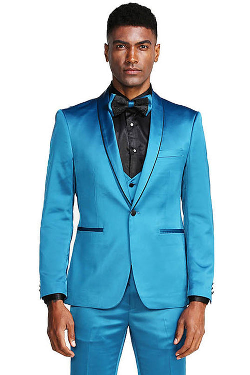 Turquoise Men's Slim Fit Vested Satin Tuxedo Suit for Prom 2025 & Wedding