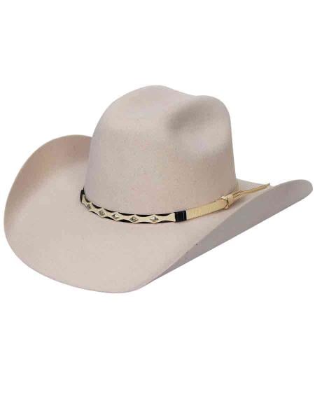 Beige cowboy hat with stiff, rounded crown and wide, curved brim. Gold-tone patterned band around the crown. Traditional western style.