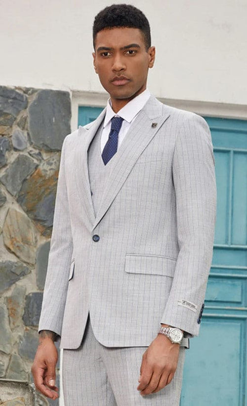 Mens Grey Pinstripe Suit - One Button Peak Lapel Gray Pinstripe Suit Light Grey